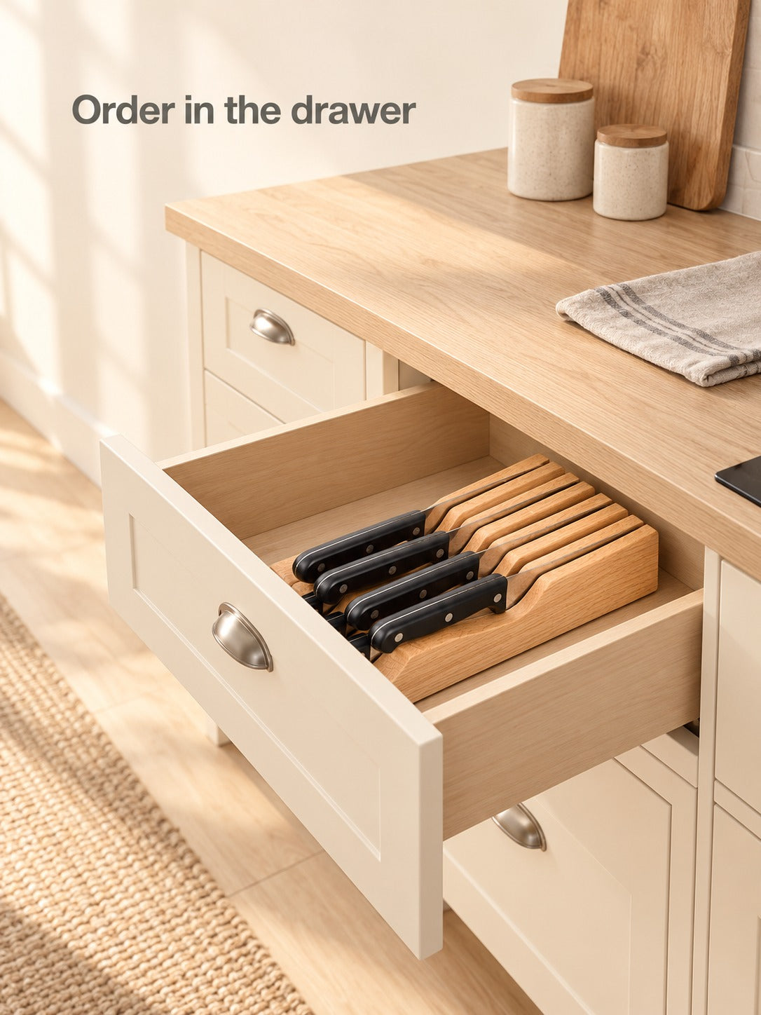 Solid Wood Drawer Knife Holder for Kitchen Storage