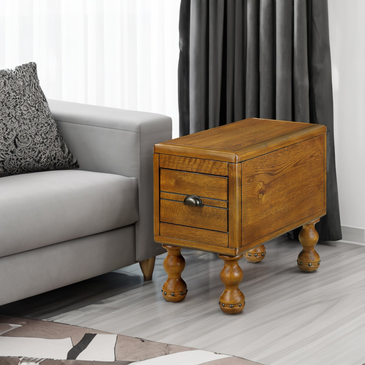 Slim Solid Wood End Table with Drawer, Antique Brown