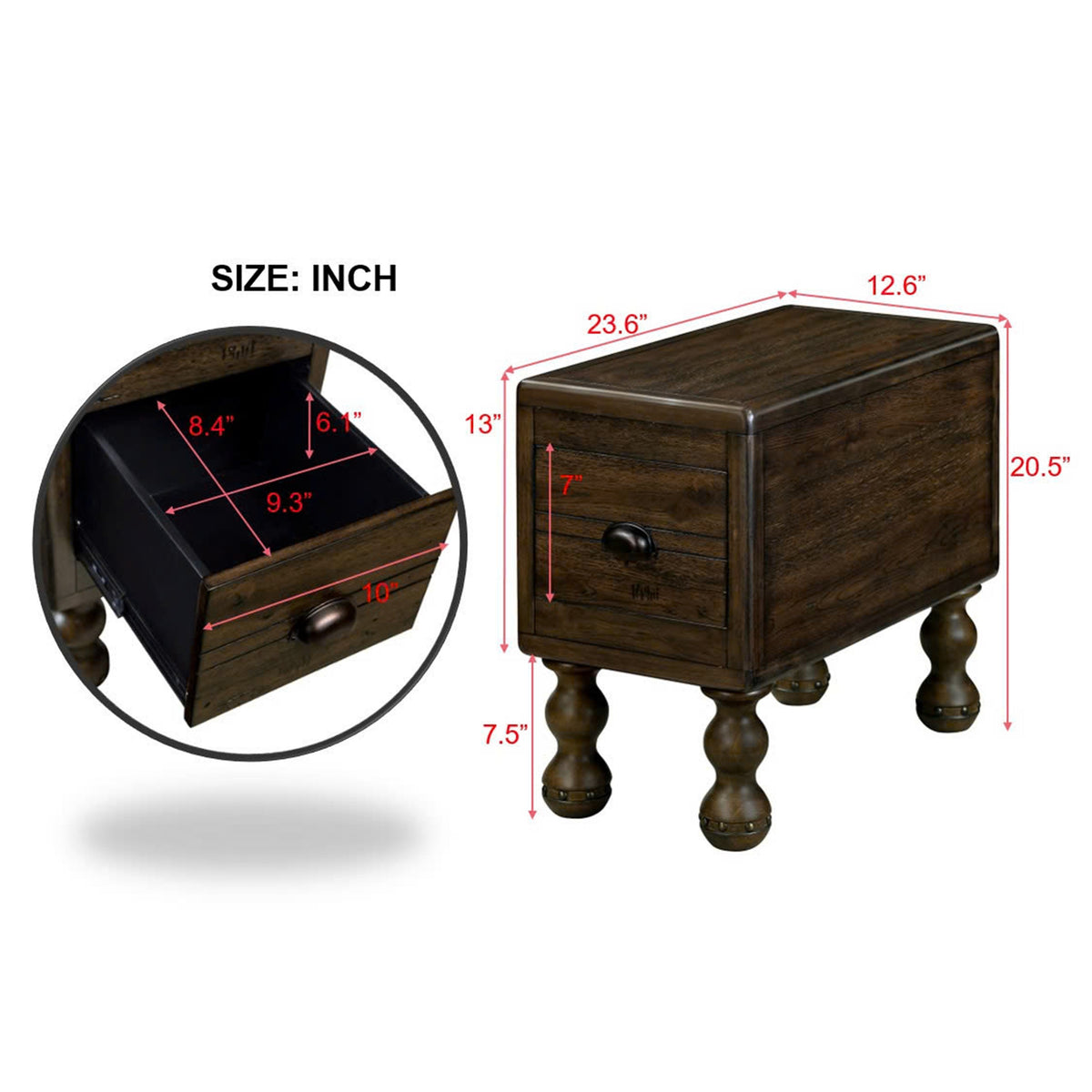Slim Solid Wood End Table with Drawer, Espresso
