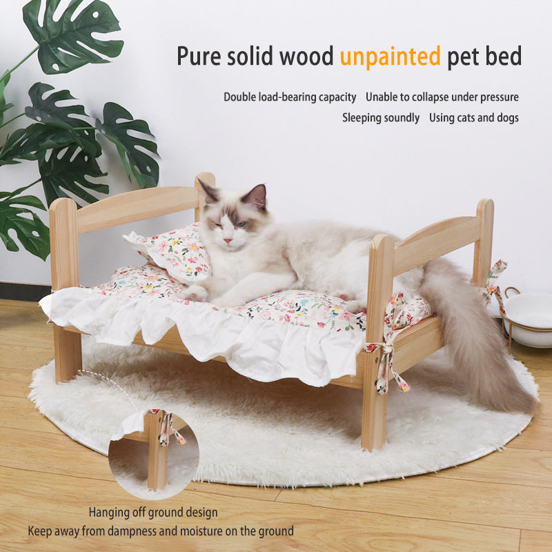Elevated Solid Wood Pet Bed for Cats and Small Dogs