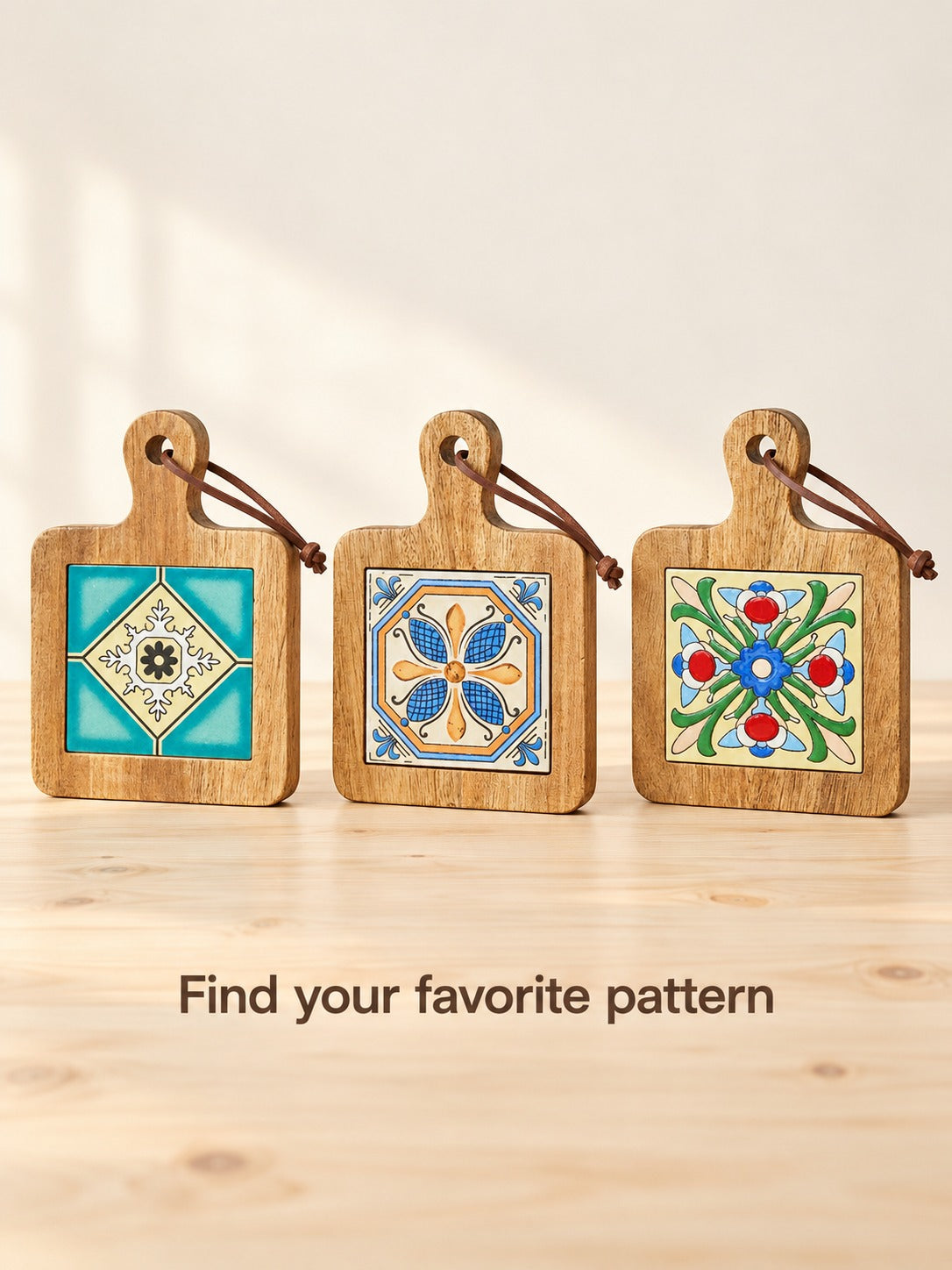 Solid Wood Trivet with Ceramic Tile Inlay Retro Style