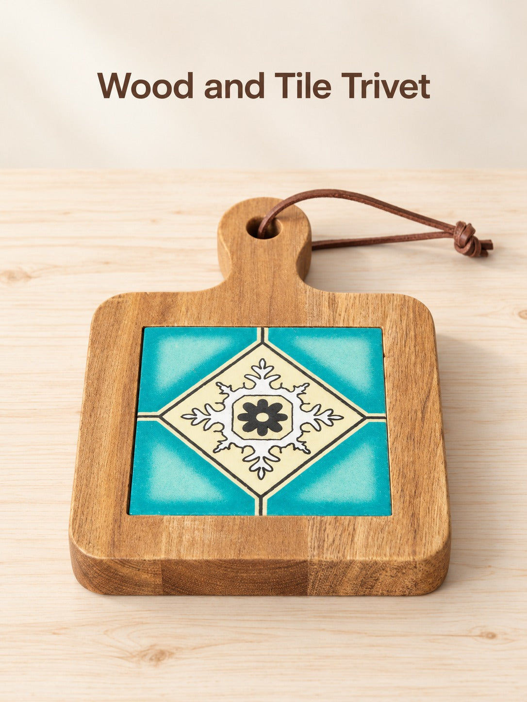 Solid Wood Trivet with Ceramic Tile Inlay Retro Style