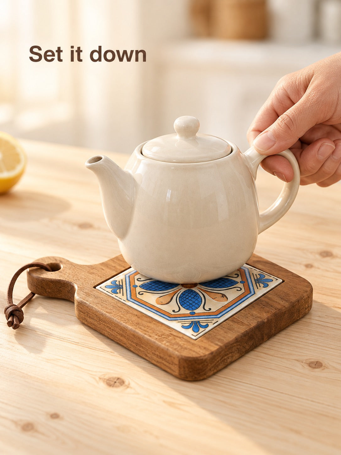 Solid Wood Trivet with Ceramic Tile Inlay Retro Style
