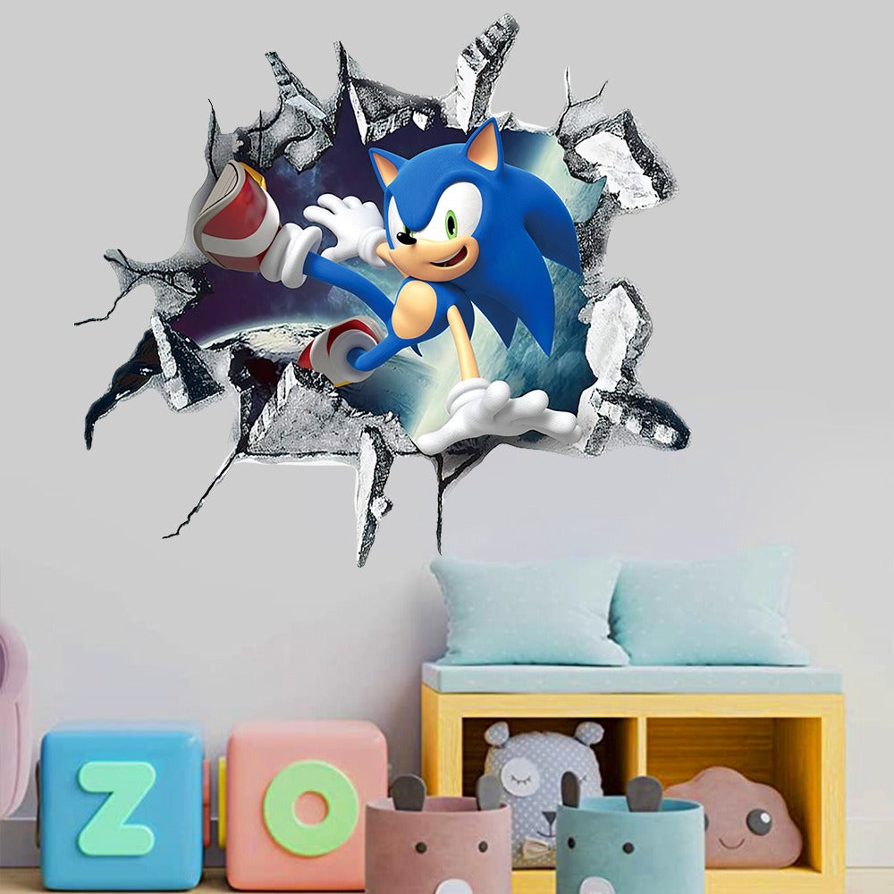 Sonic Wall Decal With 3D Cracked-Wall Gaming Effect