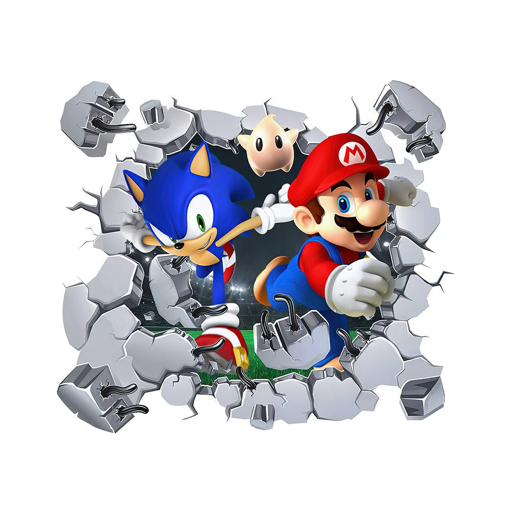 Sonic Wall Decal With 3D Cracked-Wall Gaming Effect
