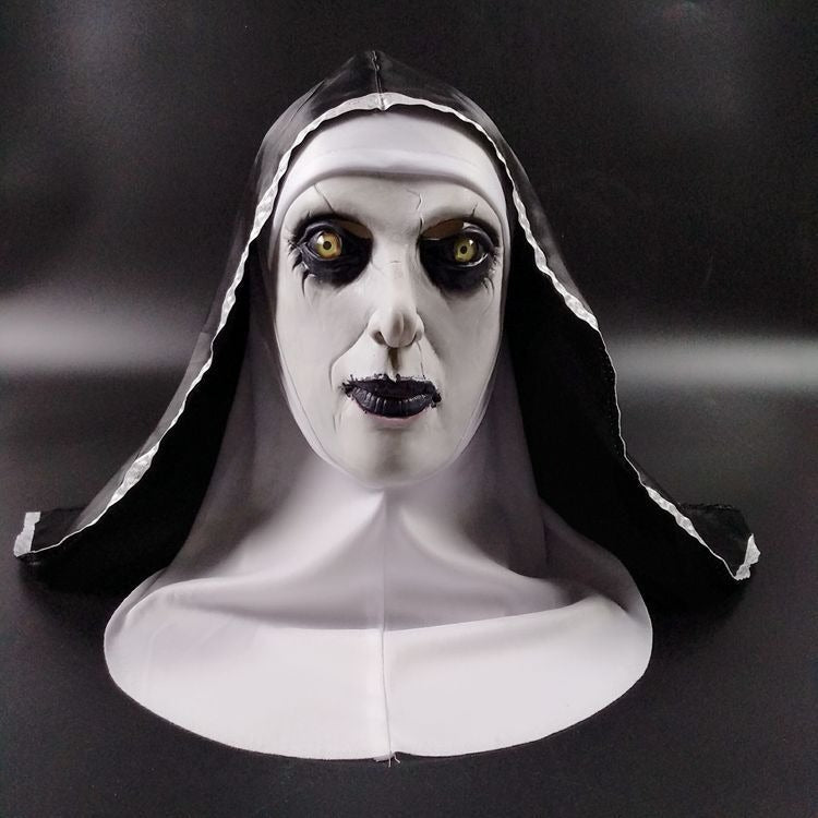 Horror Nun Costume Mask With Attached Flowing Veil