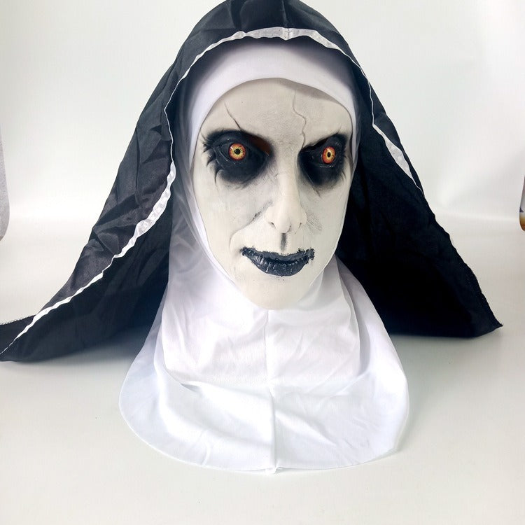 Horror Nun Costume Mask With Attached Flowing Veil