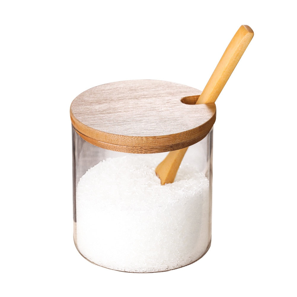 Clear Glass Spice Jars with Bamboo Lid and Wooden Spoon