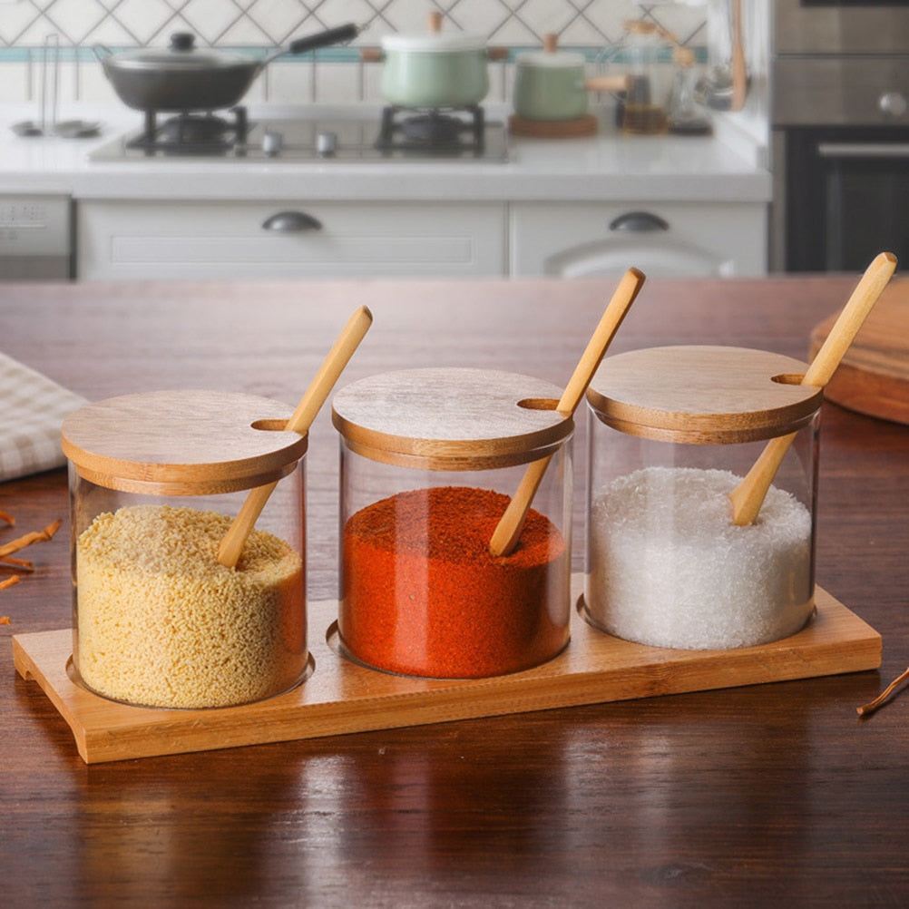 Clear Glass Spice Jars with Bamboo Lid and Wooden Spoon