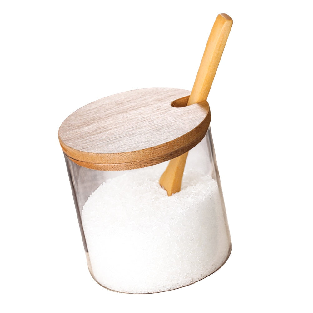 Clear Glass Spice Jars with Bamboo Lid and Wooden Spoon