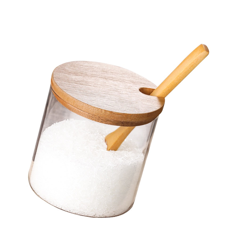 Clear Glass Spice Jars with Bamboo Lid and Wooden Spoon