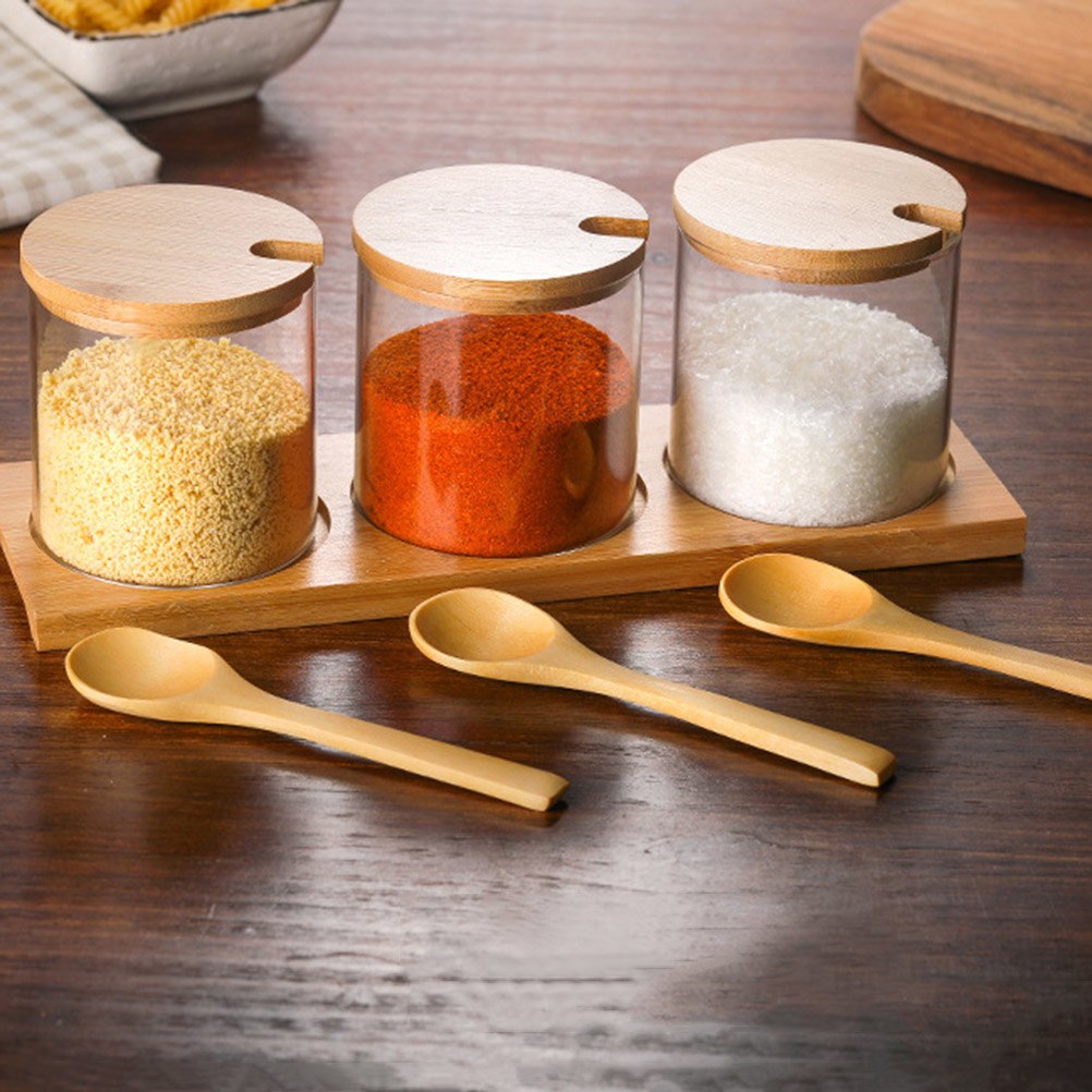 Clear Glass Spice Jars with Bamboo Lid and Wooden Spoon