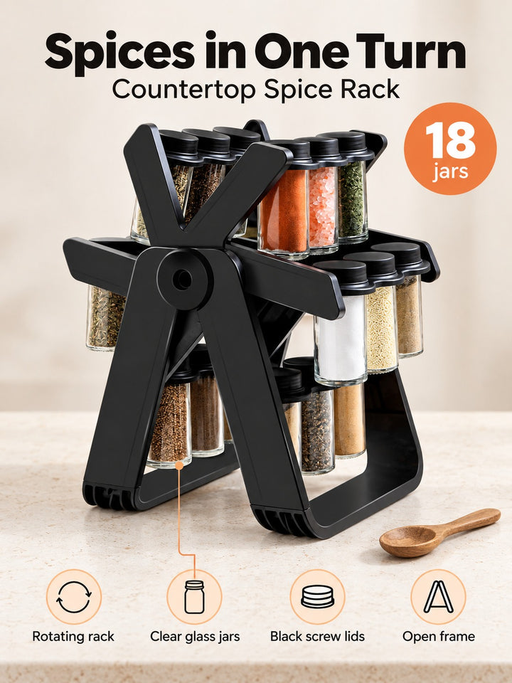 Spice Rack With 18 Glass Jars for Countertop