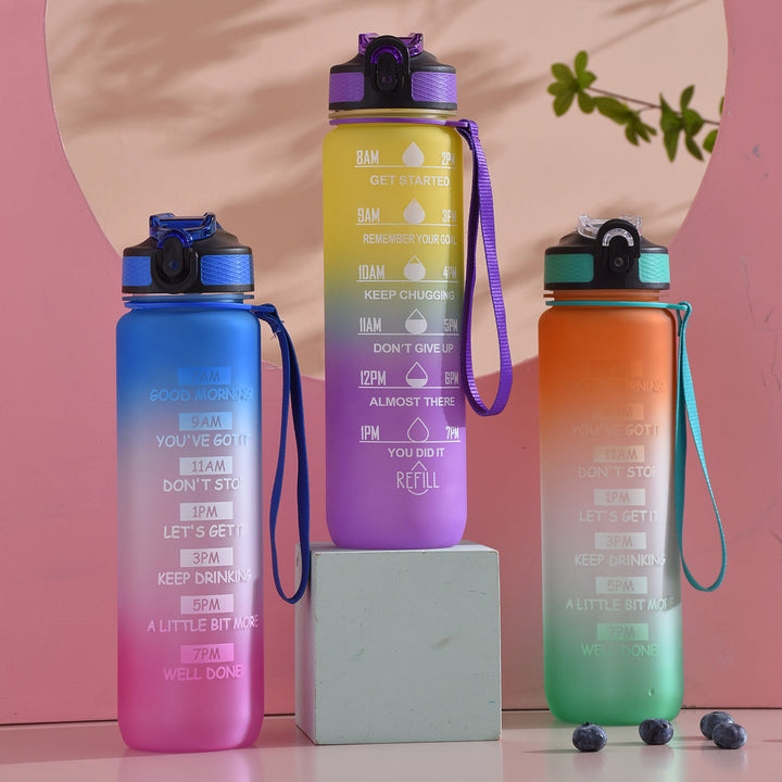 Sports Straw Water Bottle with Time Markers and Strap