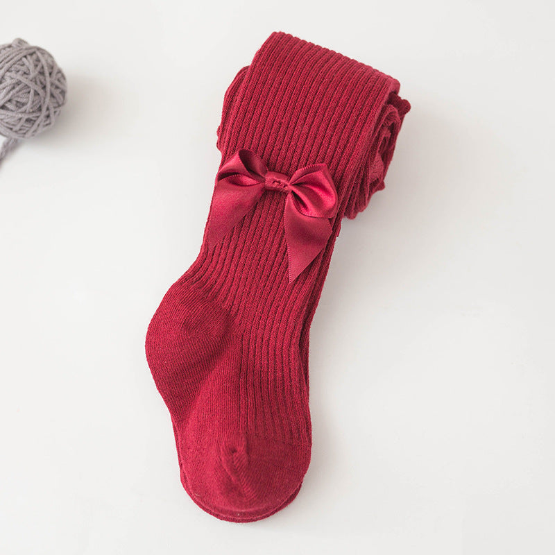 Children's Cozy Ribbed Tights With Satin Bow Details