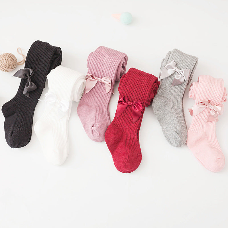 Children's Cozy Ribbed Tights With Satin Bow Details