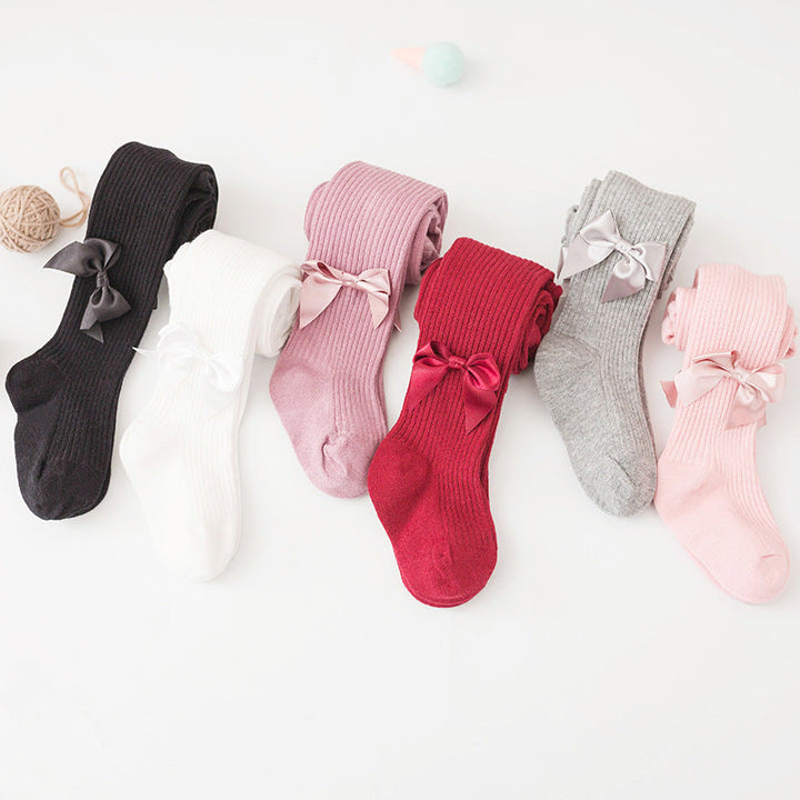 Children's Cozy Ribbed Tights With Satin Bow Details