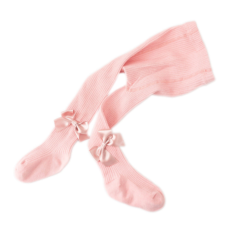 Children's Cozy Ribbed Tights With Satin Bow Details