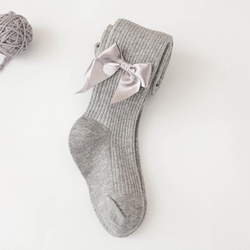 Children's Cozy Ribbed Tights With Satin Bow Details