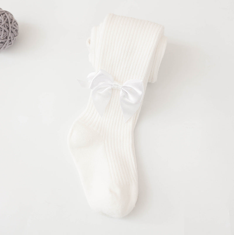 Children's Cozy Ribbed Tights With Satin Bow Details