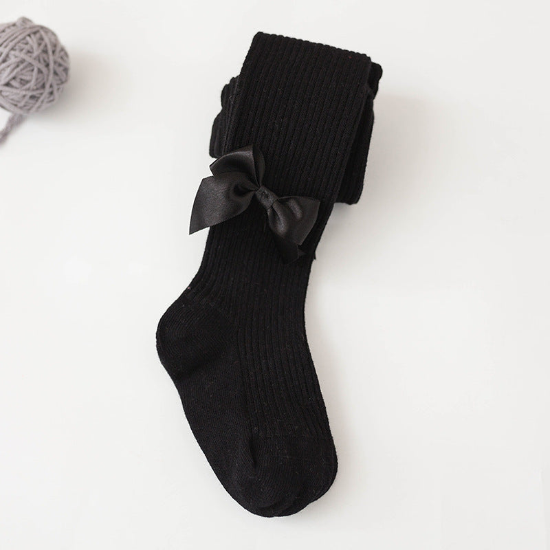 Children's Cozy Ribbed Tights With Satin Bow Details