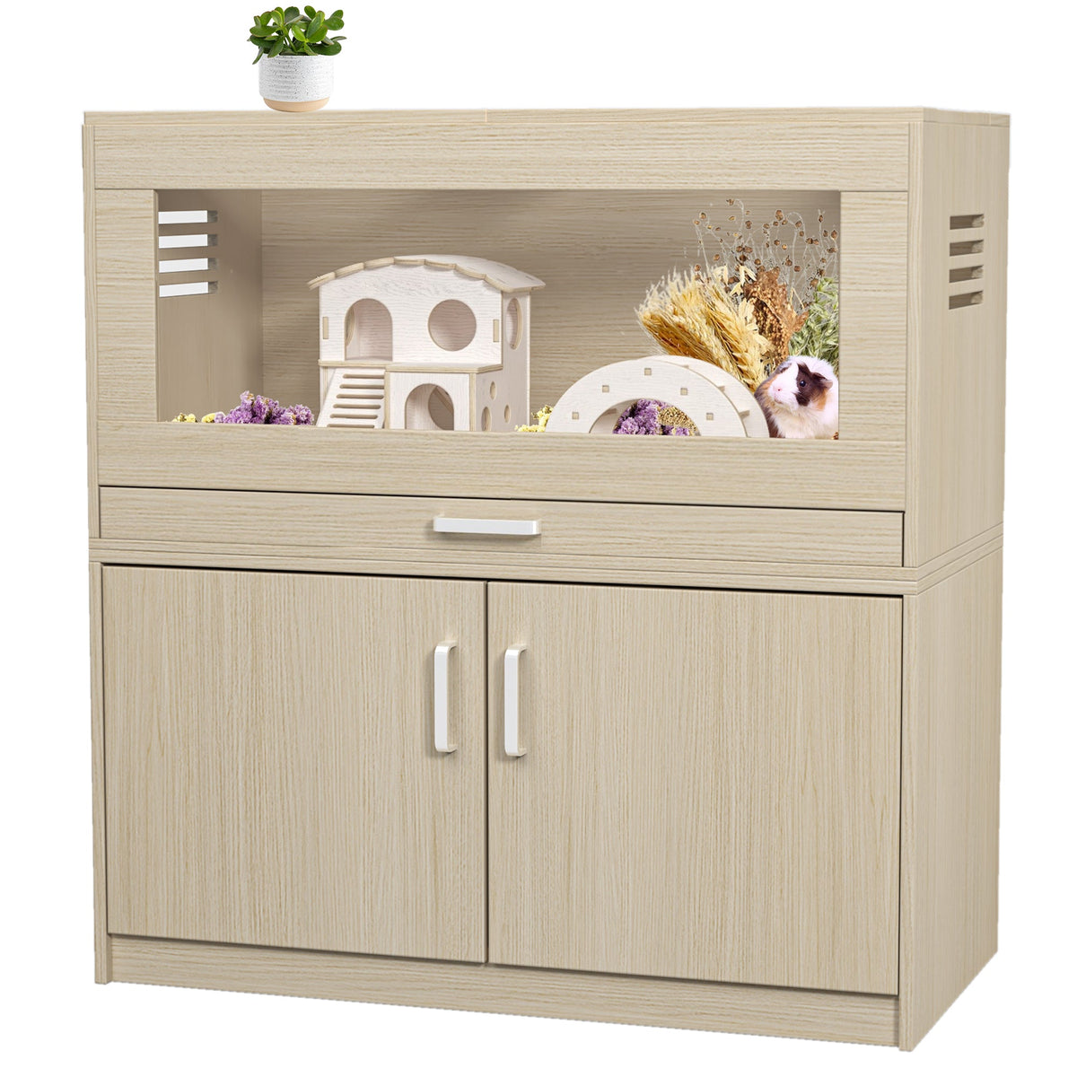 Guinea Pig Cage with Storage Cabinet and Wood Habitat