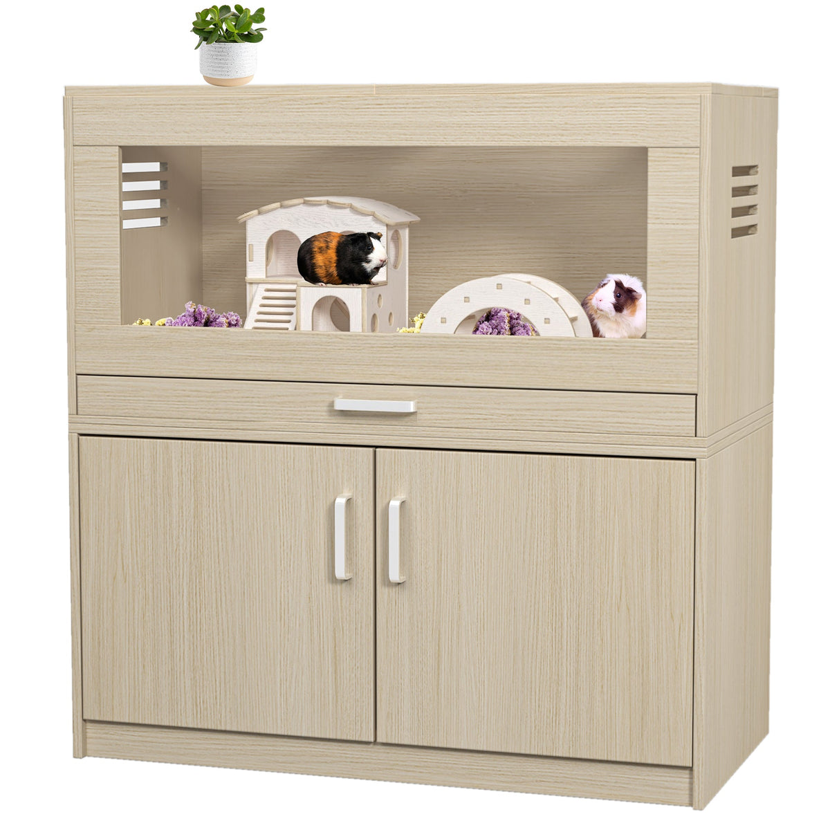 Guinea Pig Cage with Storage Cabinet and Wood Habitat