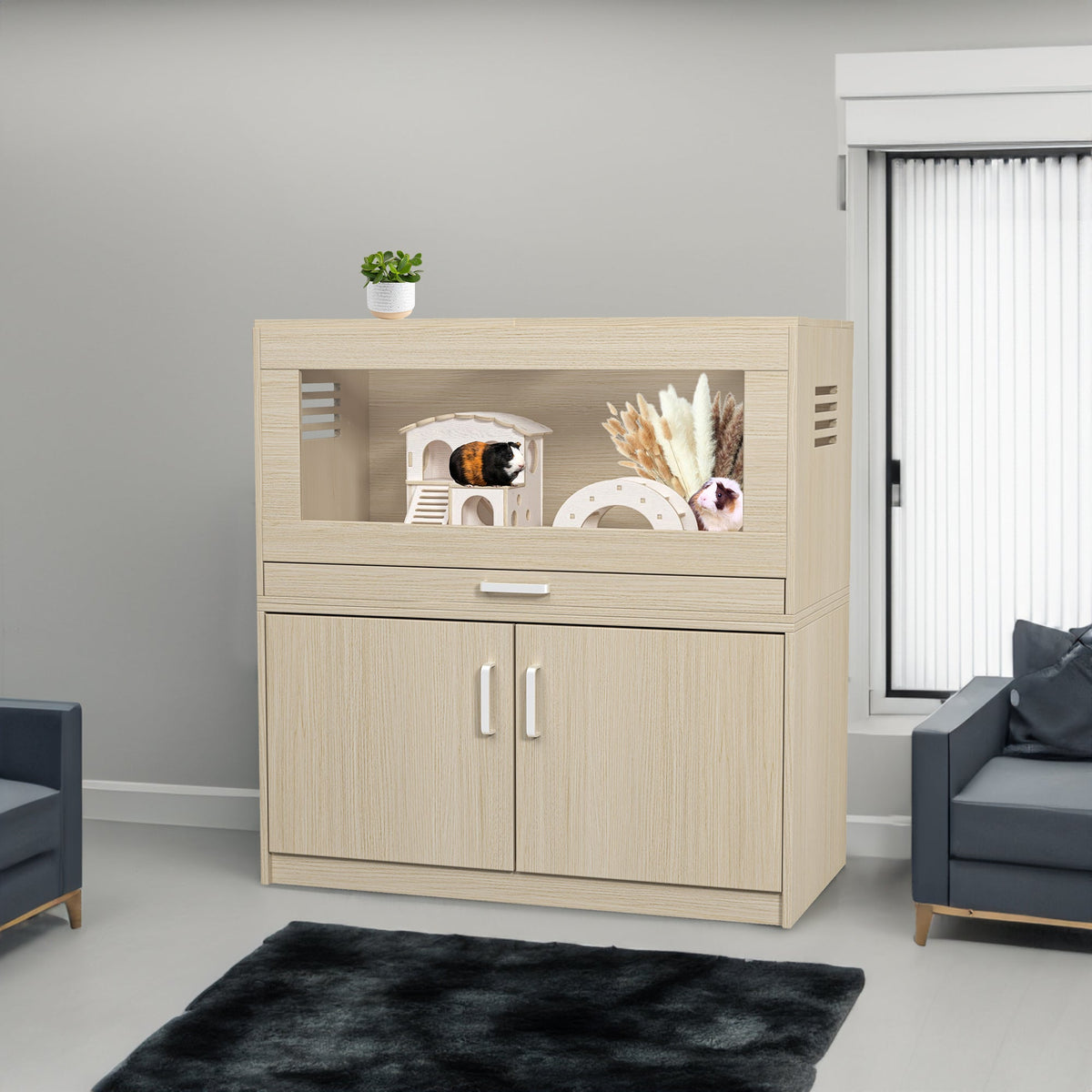 Guinea Pig Cage with Storage Cabinet and Wood Habitat
