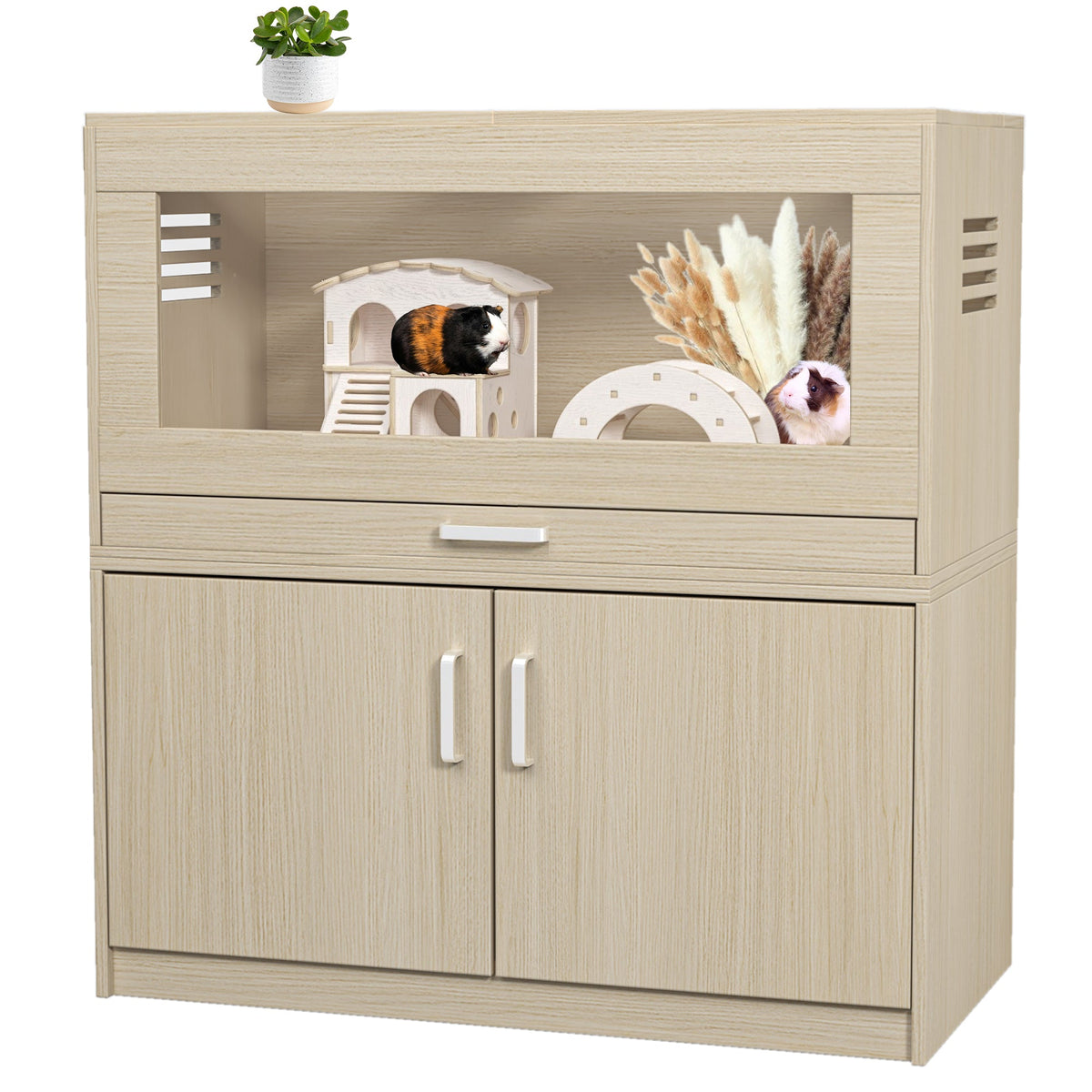 Guinea Pig Cage with Storage Cabinet and Wood Habitat