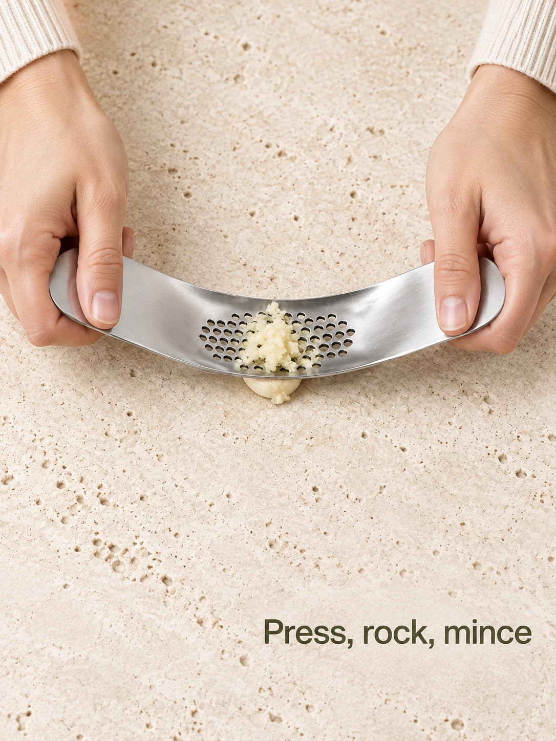 Stainless Steel Curved Garlic Press, Compact & Easy Clean