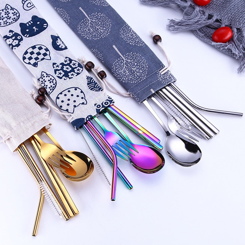 Reusable Stainless Steel Travel Cutlery Set with Pouch