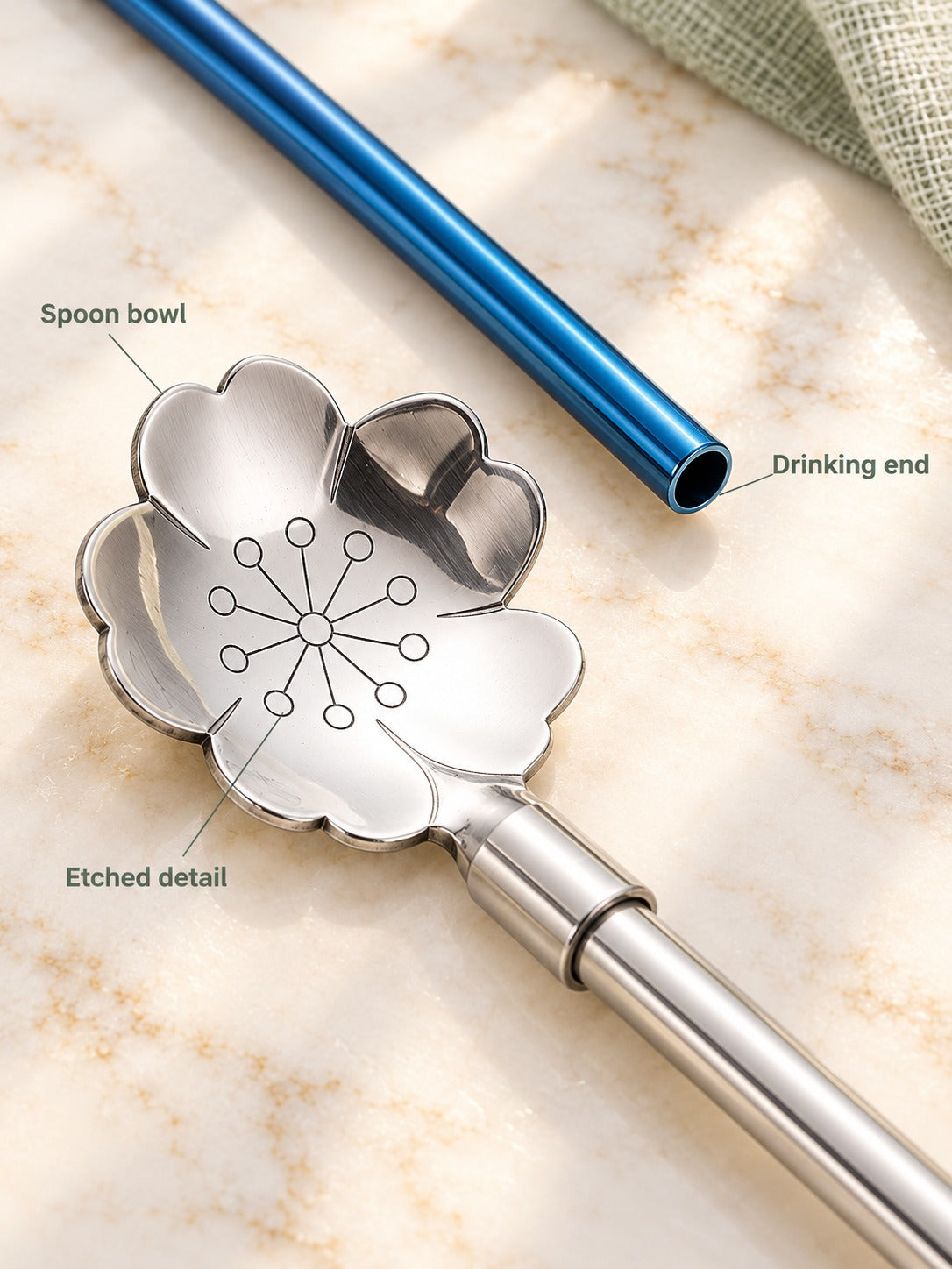 Stainless Steel Flower Straw Spoon for Iced Drinks