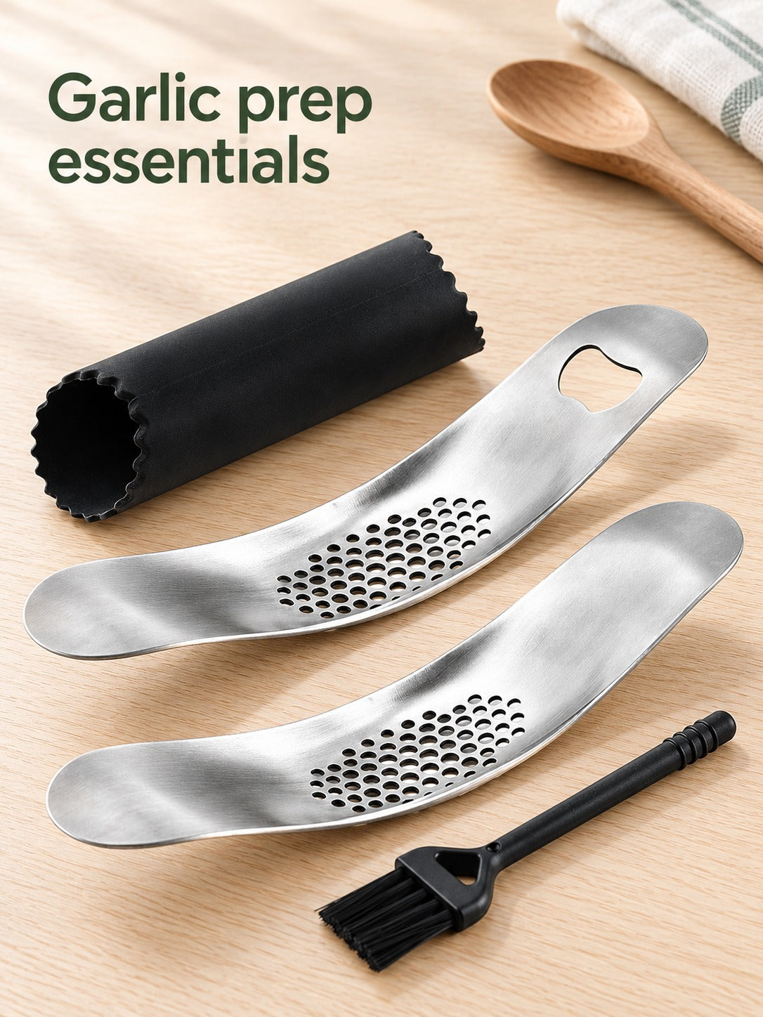 Stainless Steel Garlic Press with Peeler and Brush