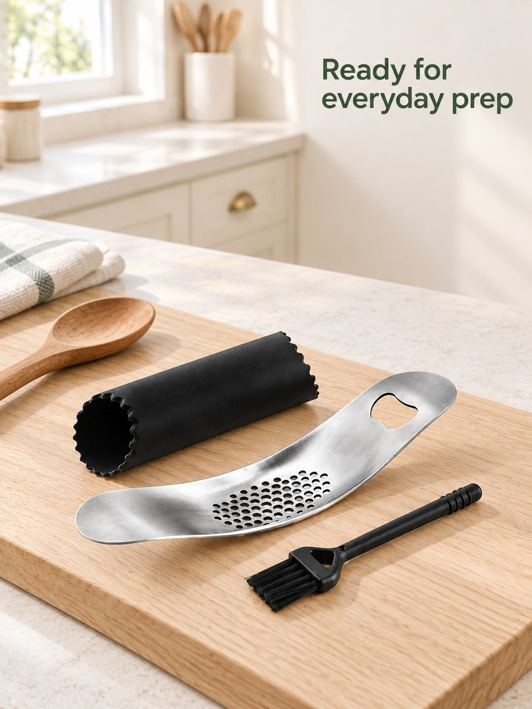 Stainless Steel Garlic Press with Peeler and Brush