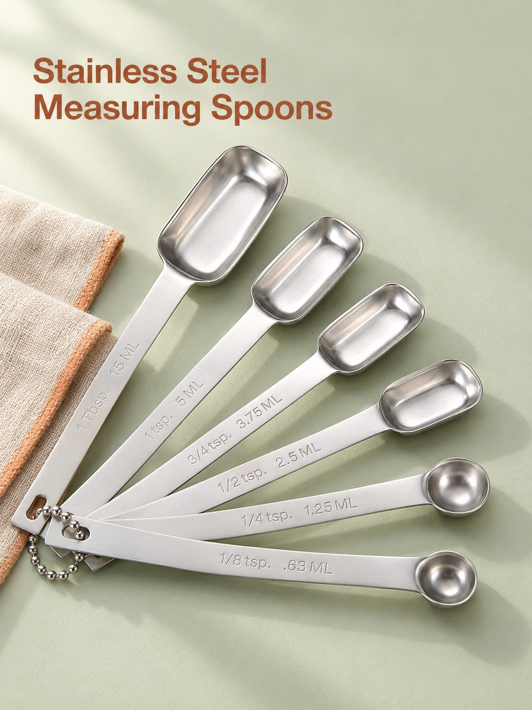 Stainless Steel Measuring Spoons Set of 6, 1/8 Tsp to Tbsp