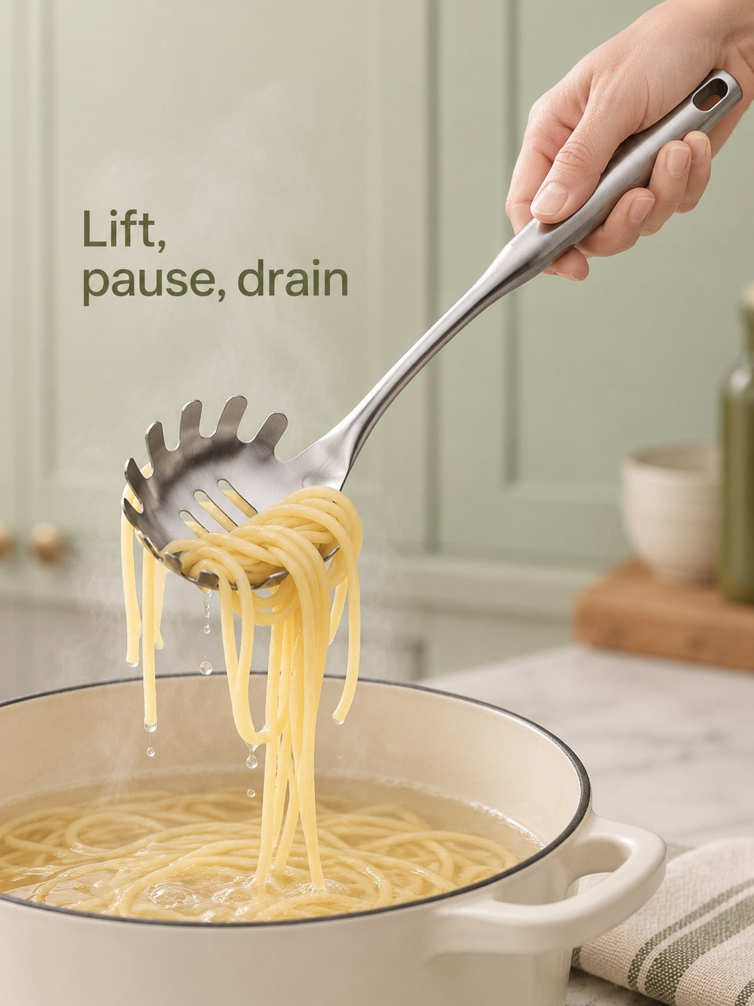 Stainless Steel Spaghetti Server That Lifts and Drains