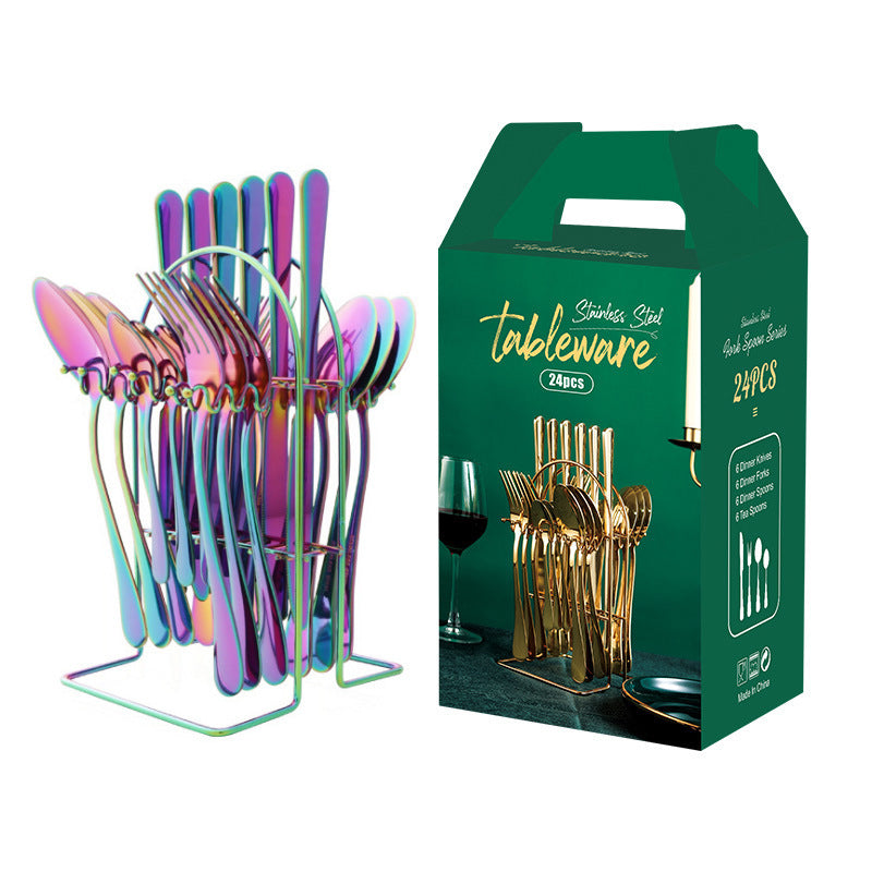 Stainless Steel Flatware Set, 24 Piece Gold with Rack
