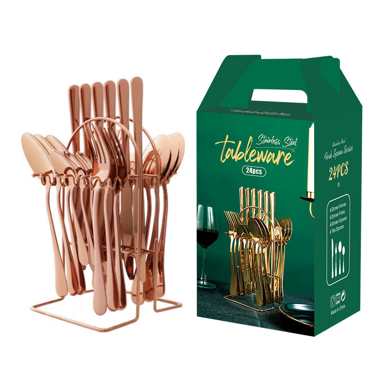 Stainless Steel Flatware Set, 24 Piece Gold with Rack