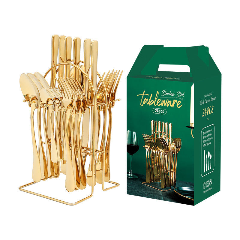 Stainless Steel Flatware Set, 24 Piece Gold with Rack