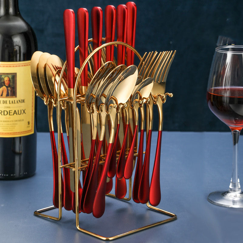 Stainless Steel Flatware Set, 24 Piece Gold with Rack
