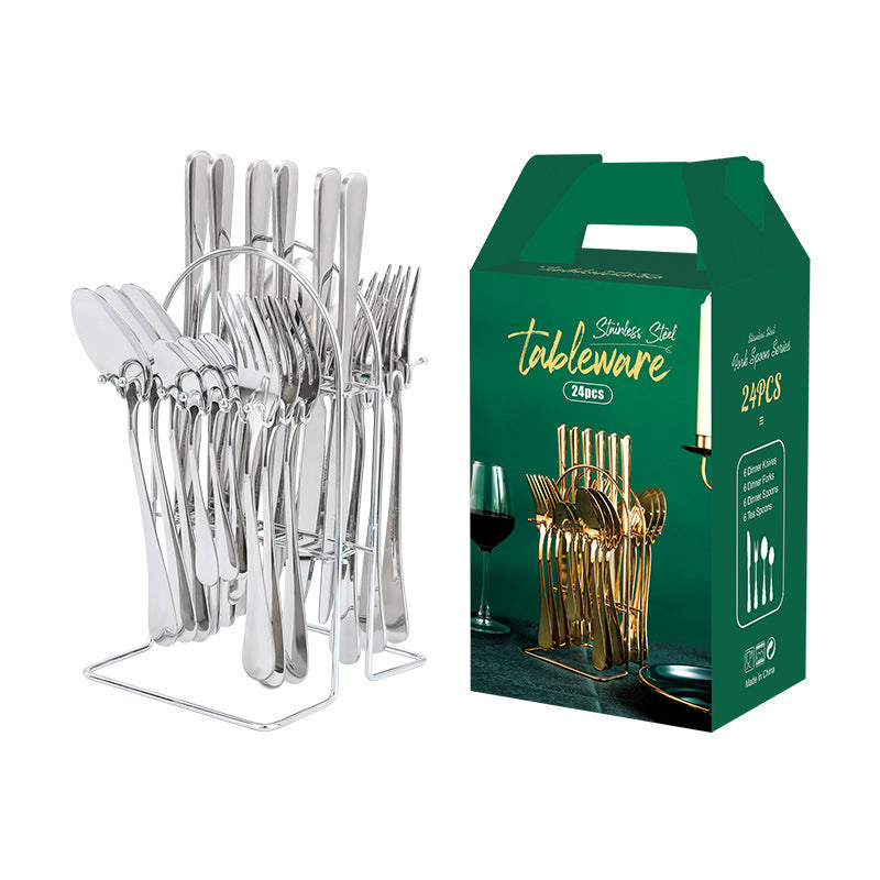 Stainless Steel Flatware Set, 24 Piece Gold with Rack