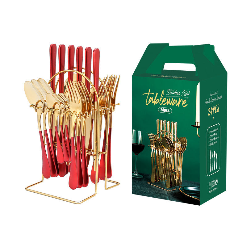 Stainless Steel Flatware Set, 24 Piece Gold with Rack