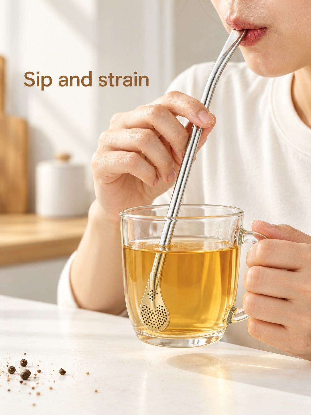 Reusable Stainless Steel Tea Straw with Built-In Strainer