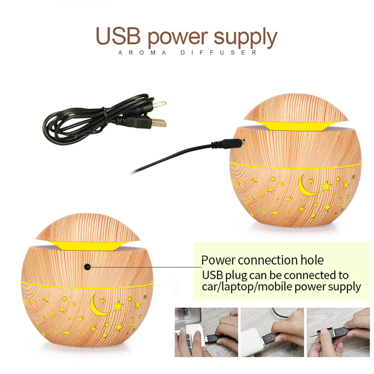 Wood Grain Aroma Diffuser with Star Moon Light