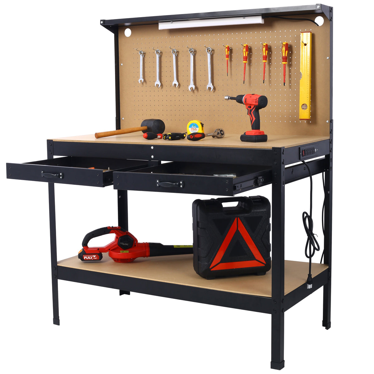 Steel Workbench with Drawer, Pegboard & Power Outlets