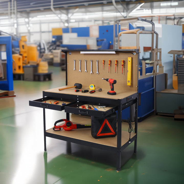 Steel Workbench with Drawer, Pegboard & Power Outlets