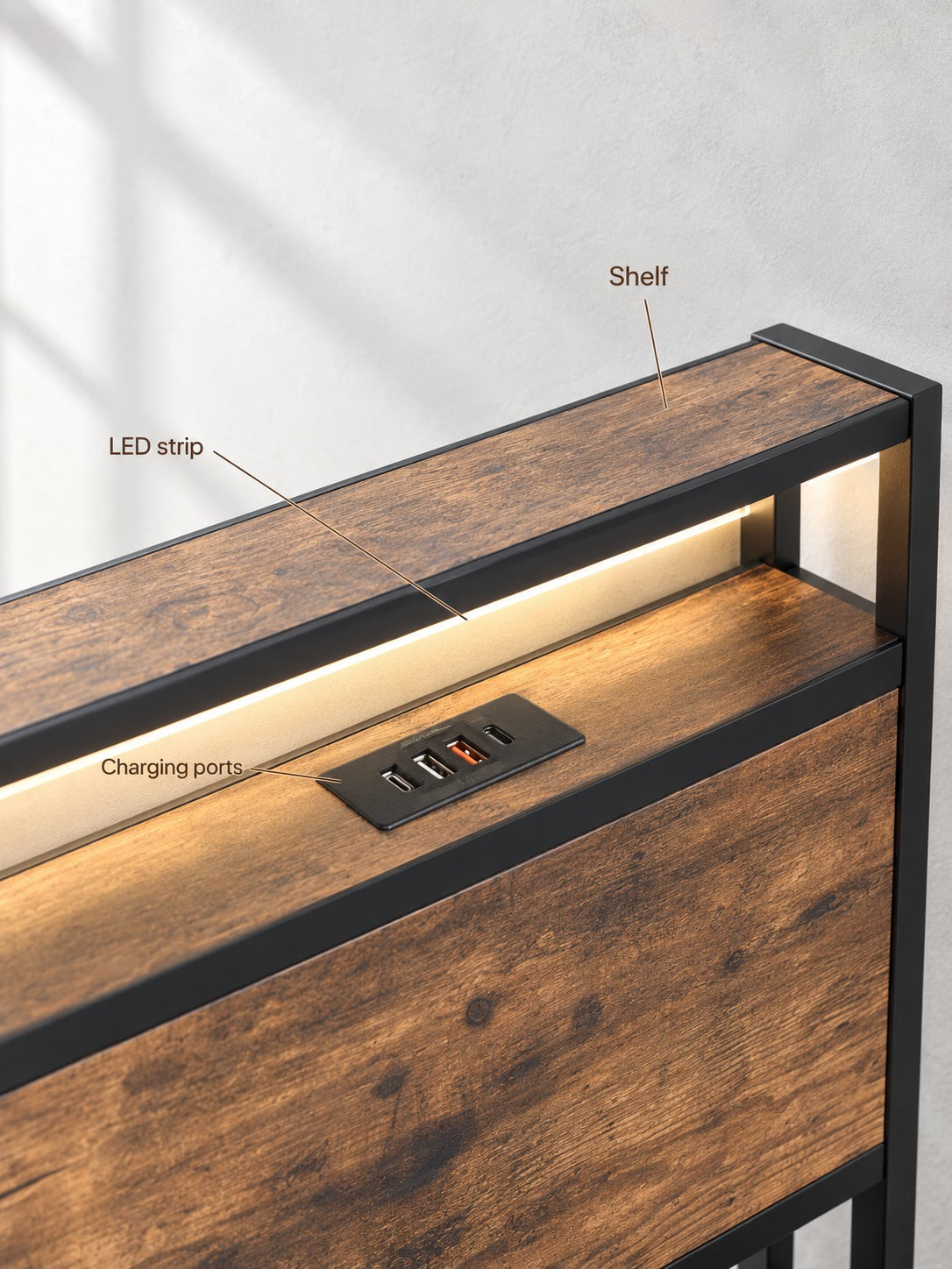 Storage Bed Frame with Charging Station & LED Light