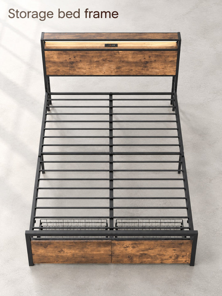 Storage Bed Frame with Charging Station & LED Light
