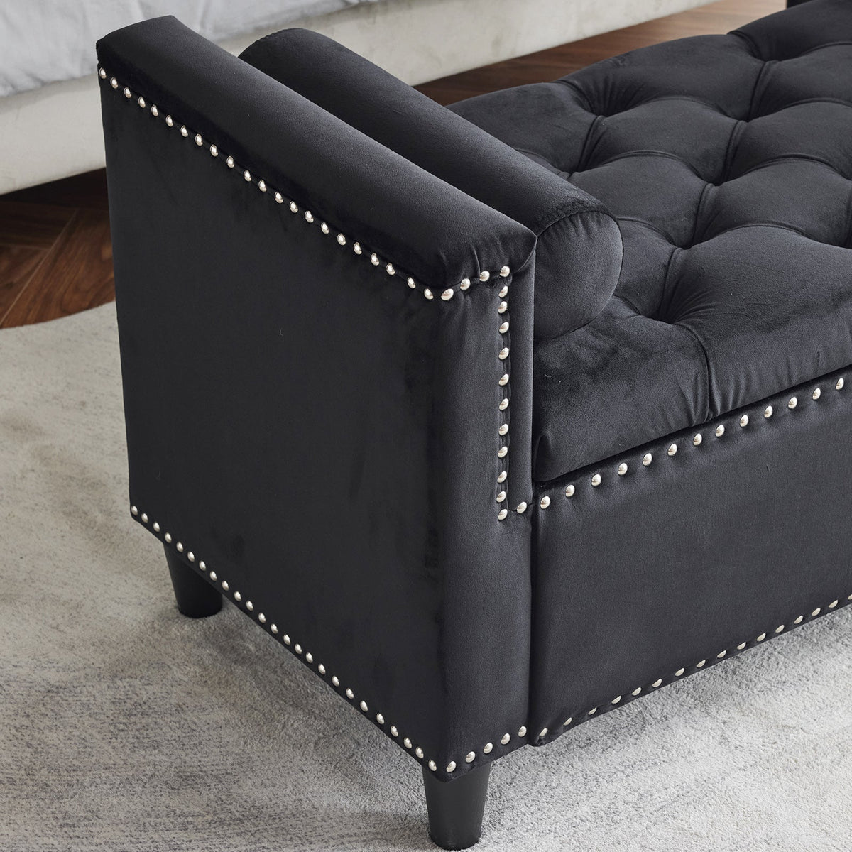 Black Velvet Storage Bench with Tufted Lift Top