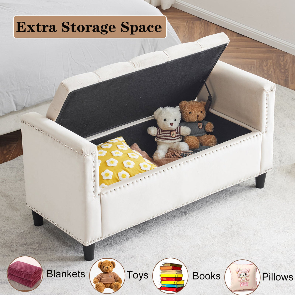 Cream Velvet Storage Bench with Nailhead Trim, 44.5